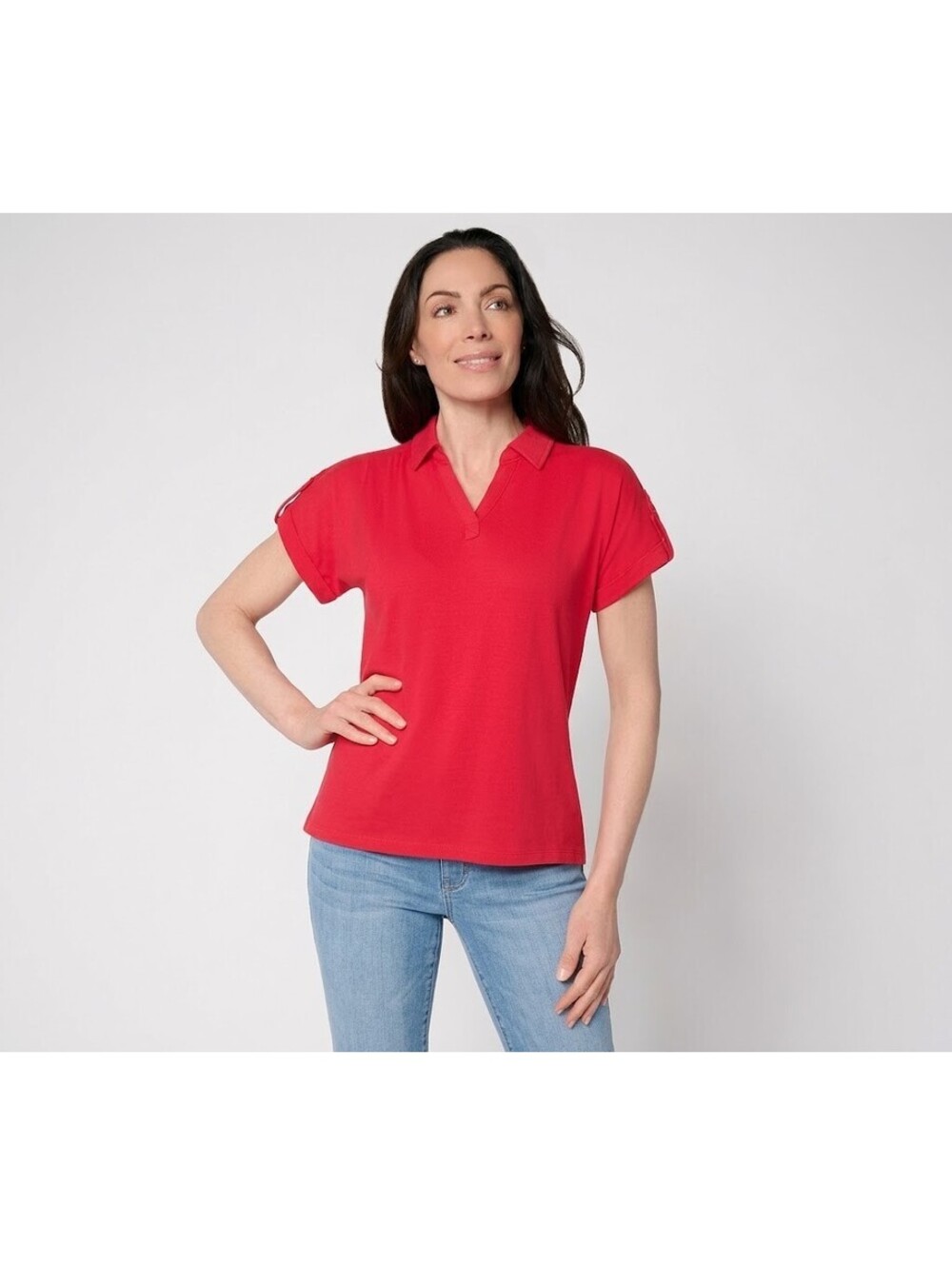 Belle by Kim Gravel Slub Knit Slay The Vacay Tab Sleeve Top Cherry Red, Medium